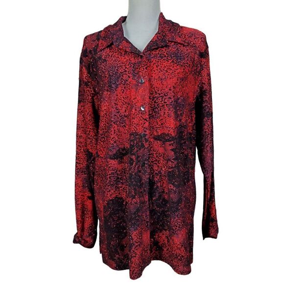 Vintage Chico's Tunic Size XL Red Black Animal Print Long Sleeve Sparkle Artsy - Picture 9 of 9